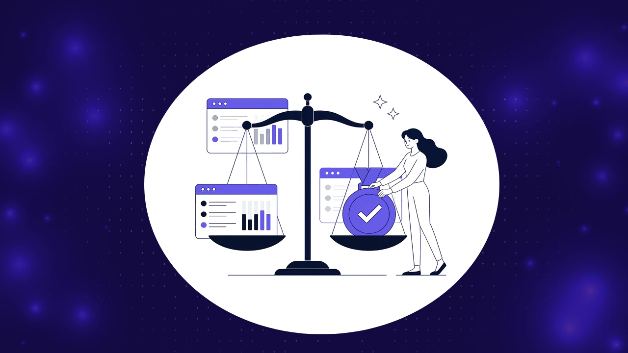 Test automation RFP evaluation concept, weighing two vendor platforms on a balance scale