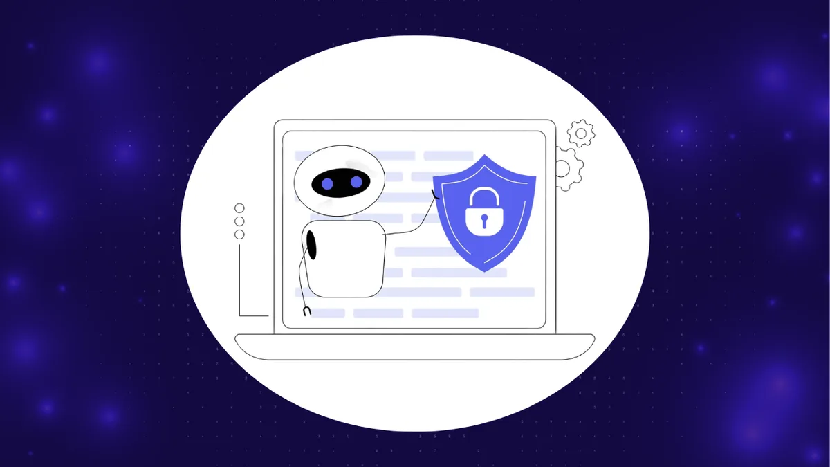 Is AI-generated code safe illustration: an AI bot guarding code behind a security shield and lock