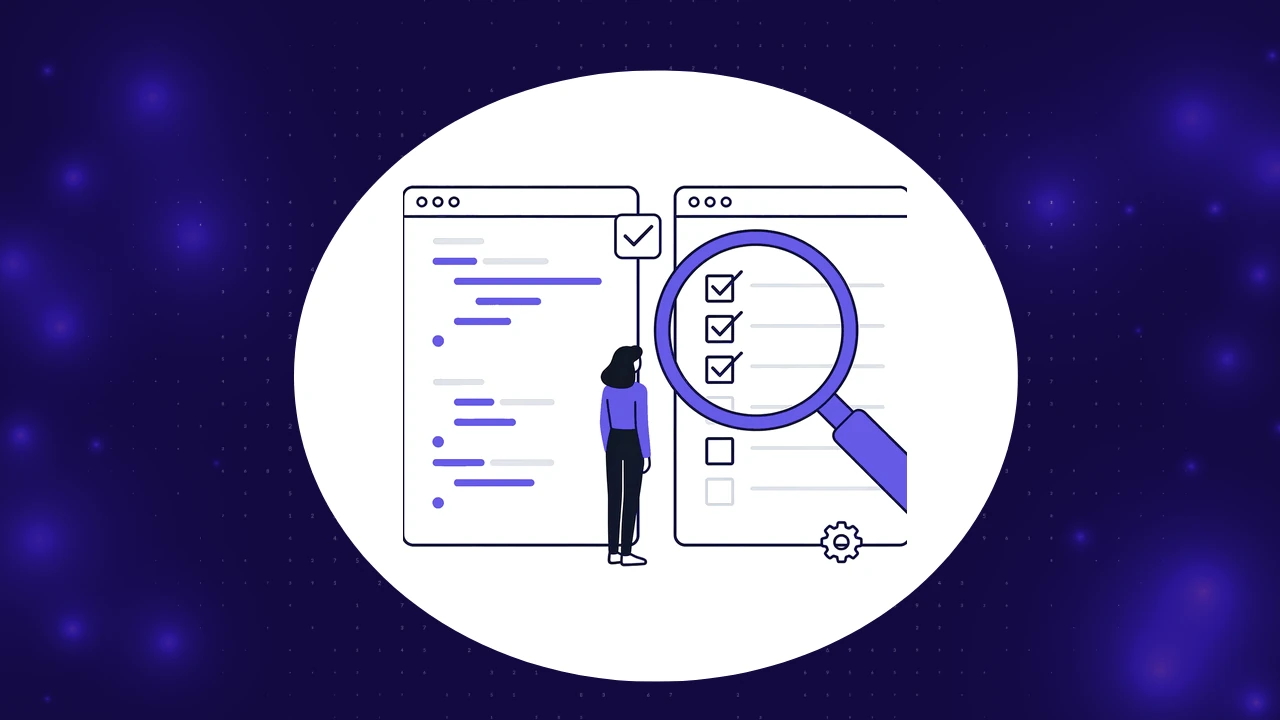 Test review vs code review concept, reviewer inspecting a test checklist next to a code window
