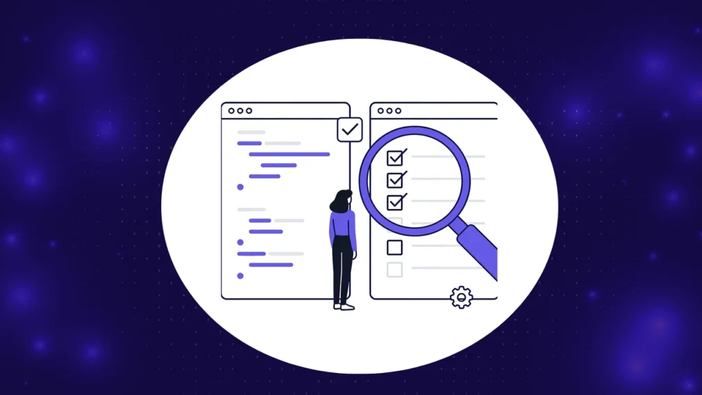 Test review vs code review concept, reviewer inspecting a test checklist next to a code window