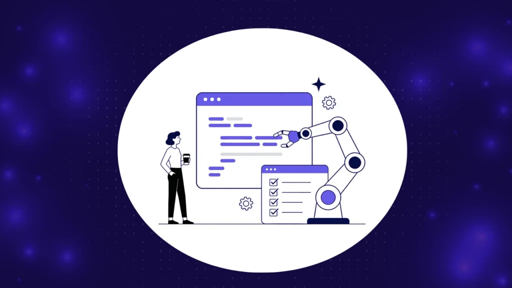 How to use AI to automate tasks concept, robotic arm working on a code window beside a checklist