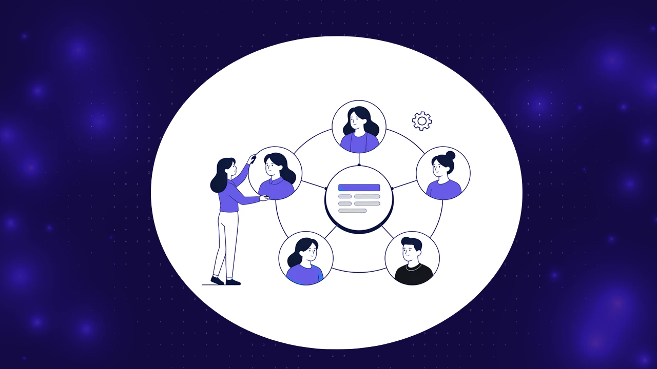 QA team structure concept, team member avatars connected around a central automation hub