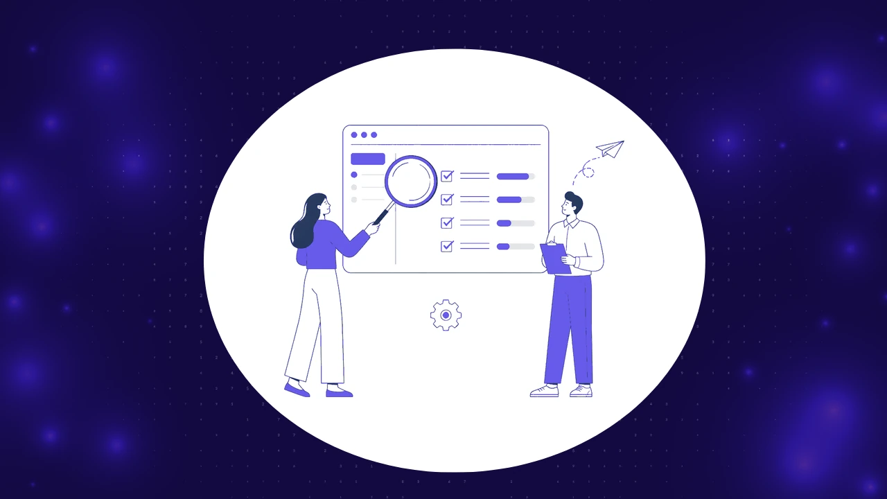 Test automation POC concept, QA team reviewing a checklist dashboard with a magnifying glass