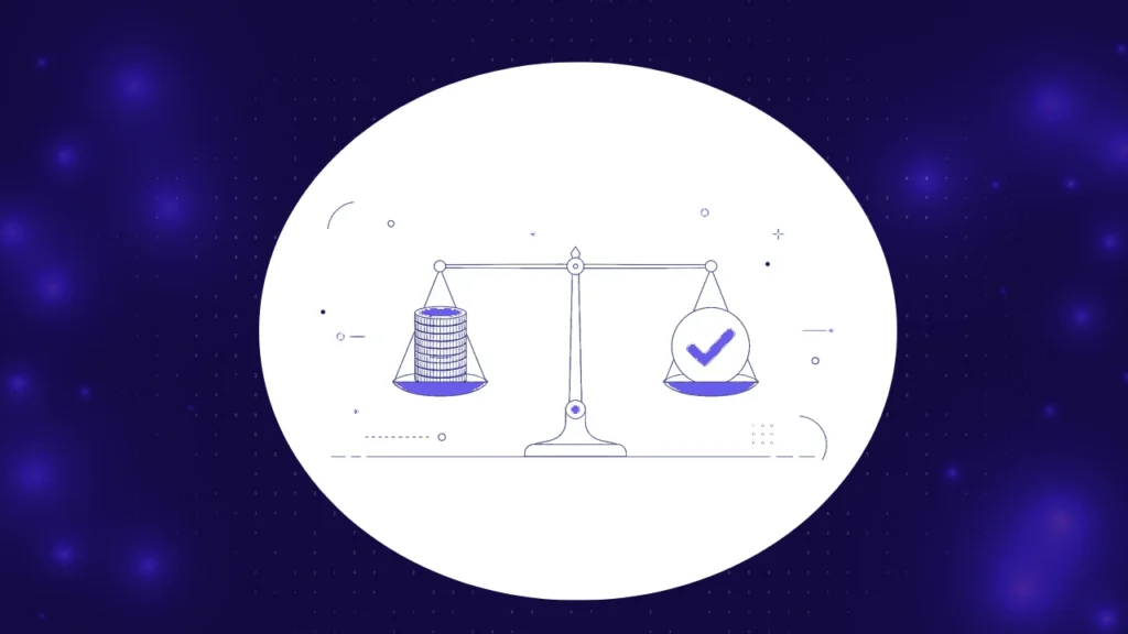 A balance scale weighing a stack of coins against a checkmark, representing the cost of AI agent evaluation