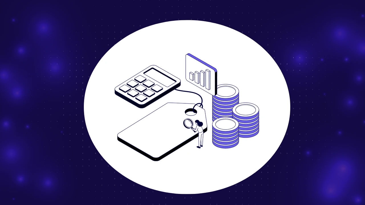 Test automation pricing concept with price tag, calculator, coins and a cost chart