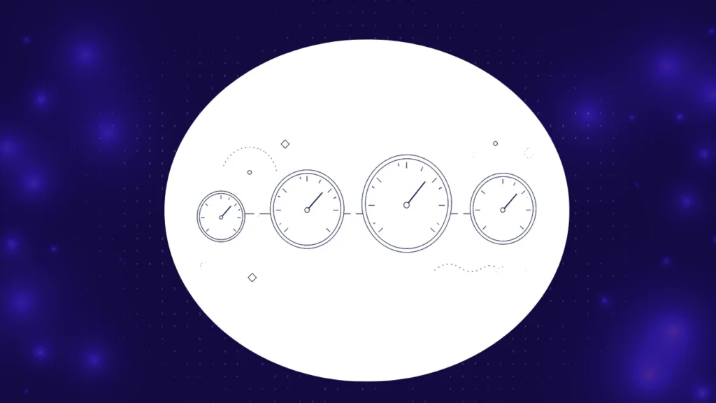Four gauge dials of varying size in a row connected by a line, representing comparing evaluation tools