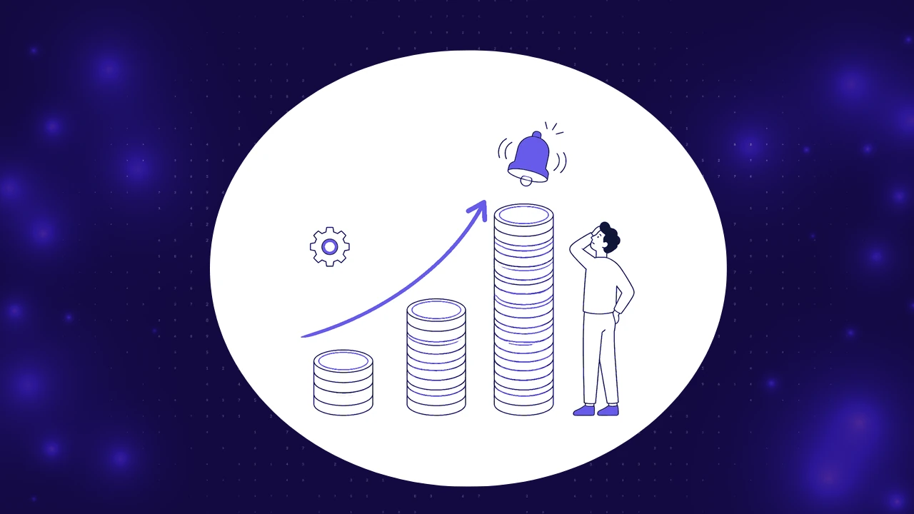 Cost of defects in software testing concept, coin stacks rising along an arrow with an alarm bell