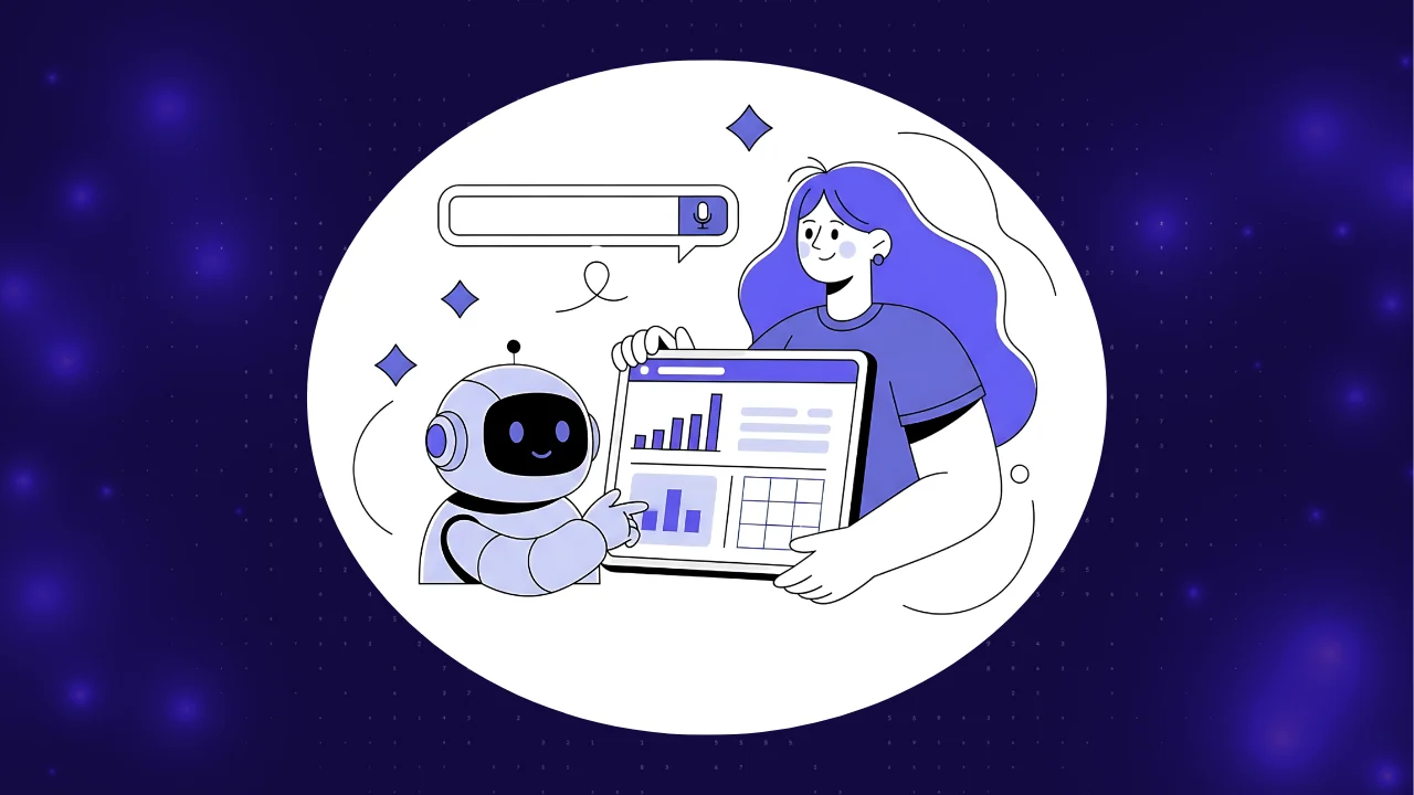 AI for QA illustration: an AI assistant and a QA engineer reviewing a software test results dashboard