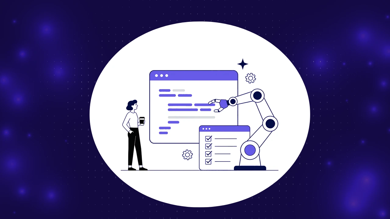 How to use AI to automate tasks concept, robotic arm working on a code window beside a checklist