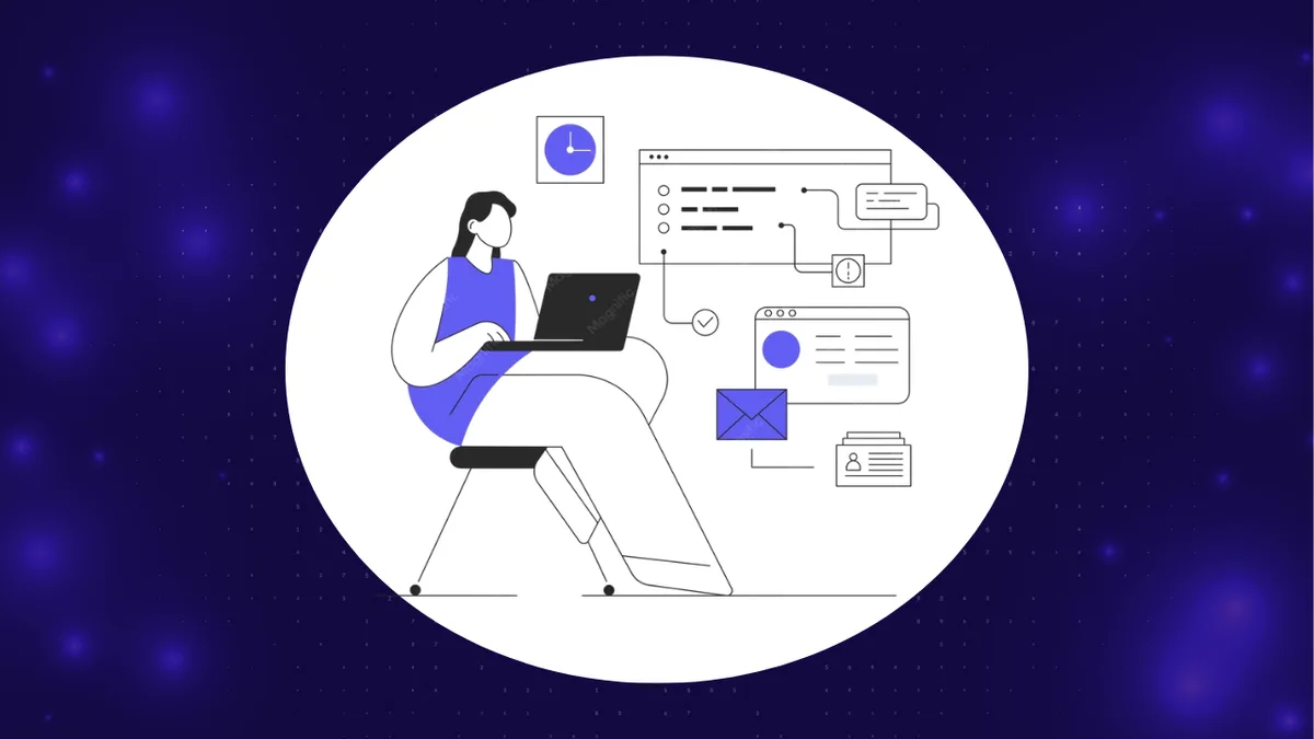 Self-healing test automation illustration: a QA engineer at a laptop while UI panels and locators update themselves