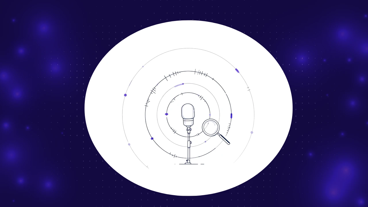AI voice agent testing tools illustrated by a studio microphone inside concentric sound rings with a magnifying glass inspecting them