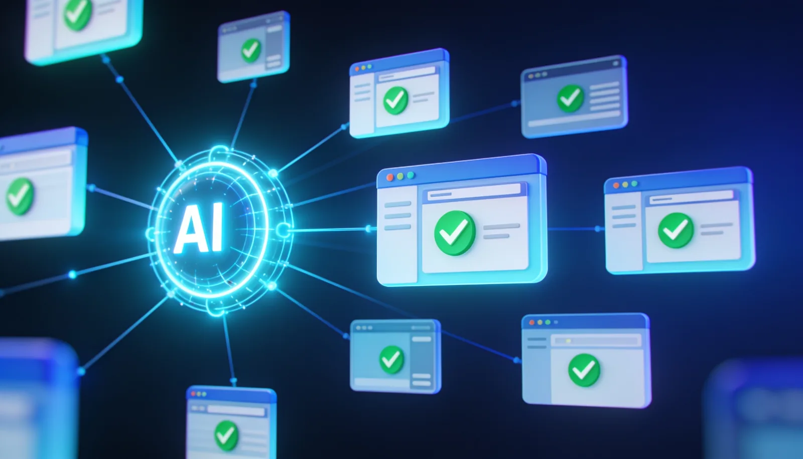 An AI core running automated quality checks across browser windows, each passing