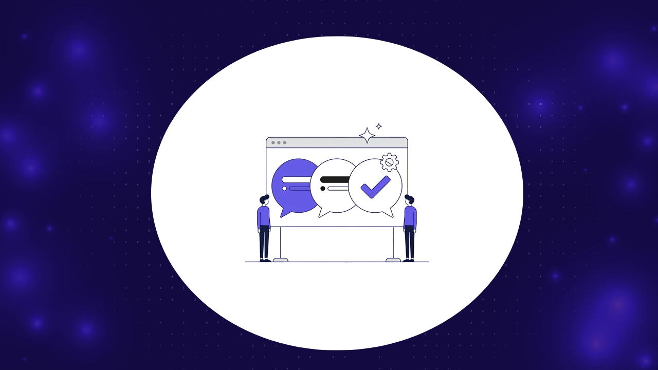 BDD testing tools concept, two teammates agreeing on shared scenario speech bubbles ending in a checkmark