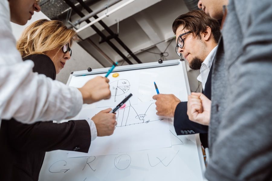 Team mapping a multi-agent testing strategy at a whiteboard
