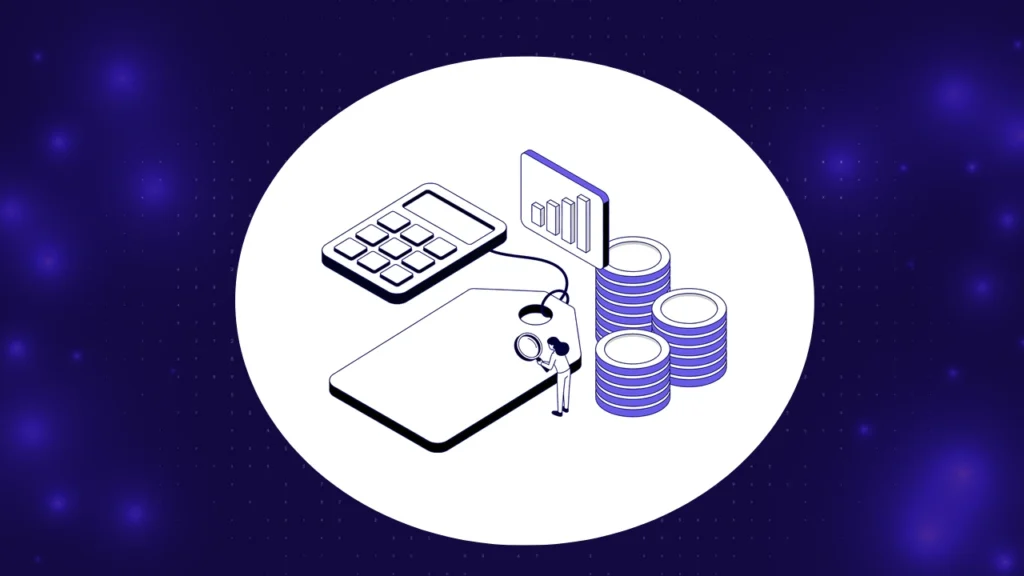 Test automation pricing concept with price tag, calculator, coins and a cost chart