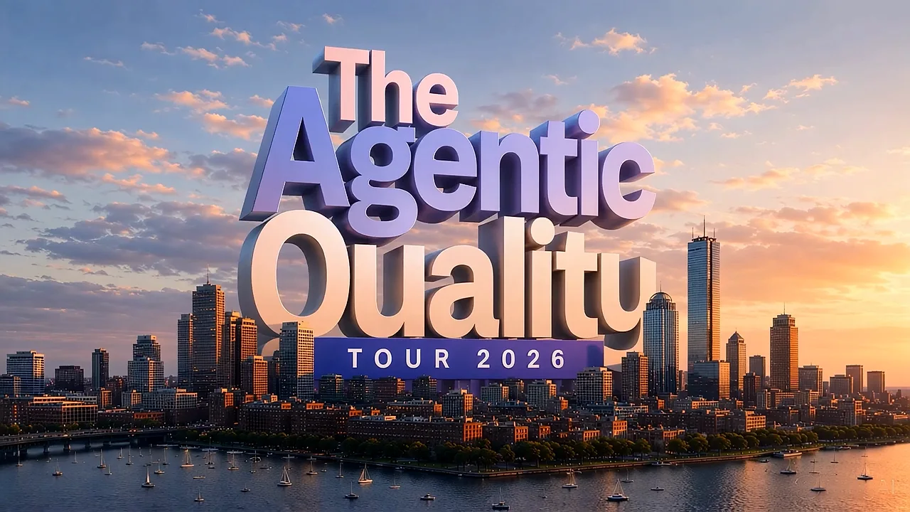 The Agentic Quality Tour 2026 Boston, opening title over the Boston skyline