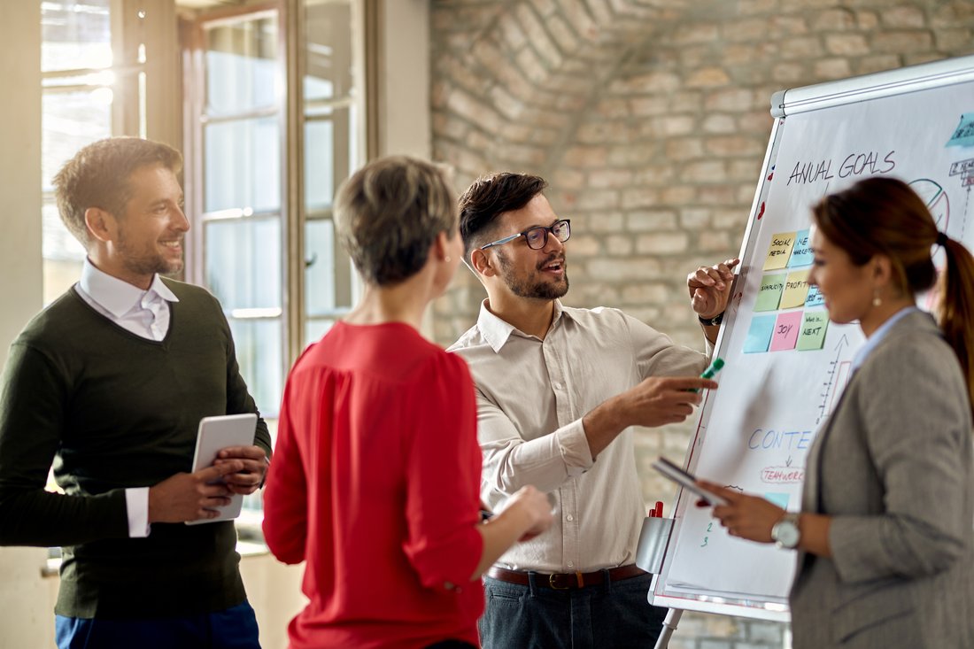 Team discussing strategy and goals around a whiteboard