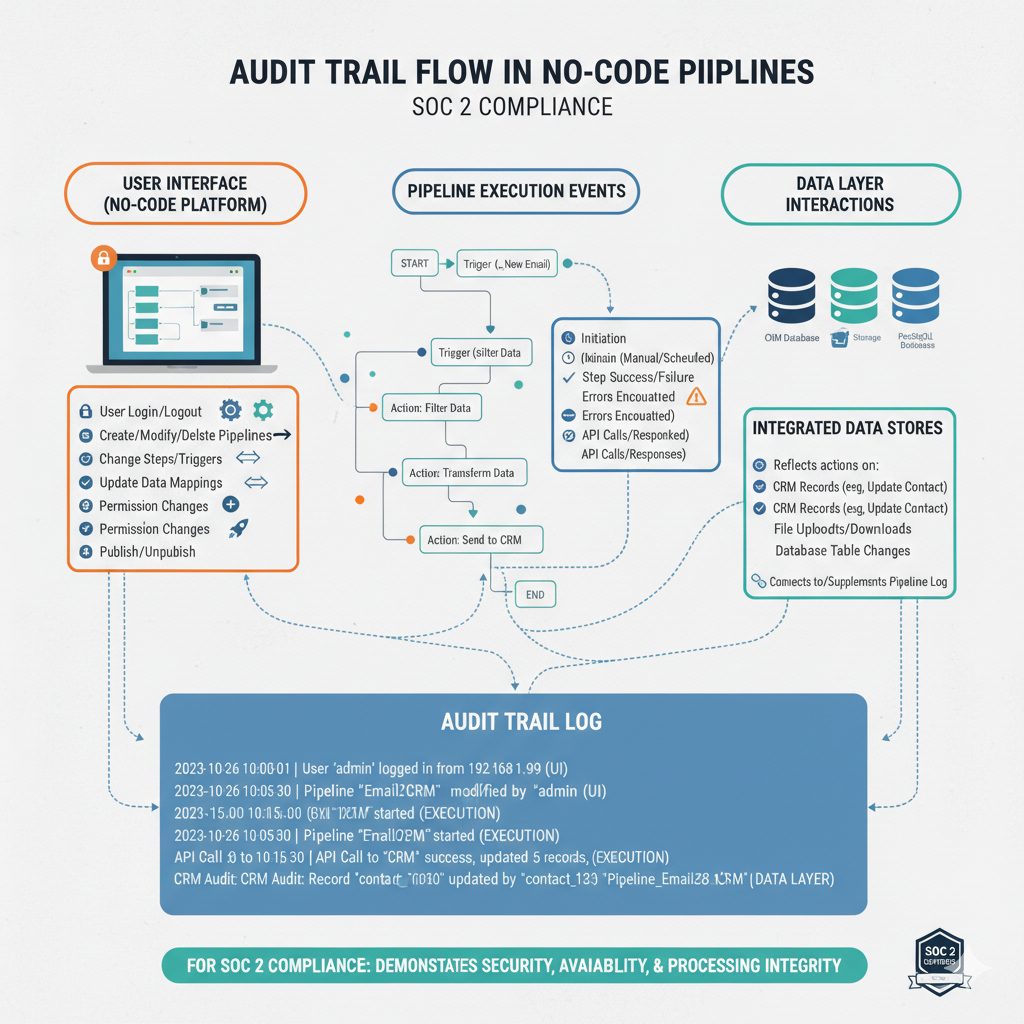 Infographic showing SOC 2-Friendly No-Code Testing Checklist Workflow and compliance audit artifacts.