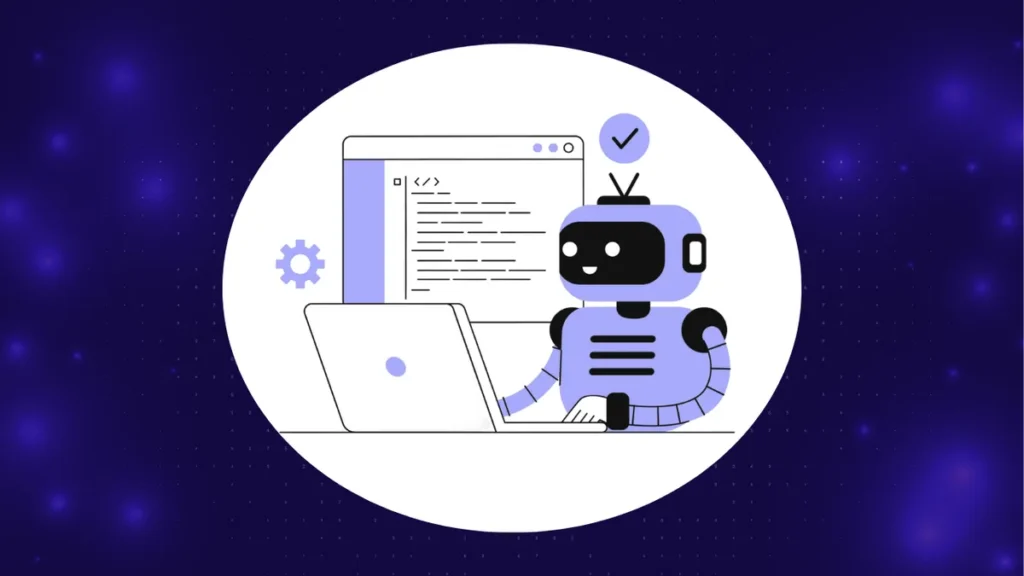 Agentic AI testing illustration: an autonomous QA agent running and verifying tests at a laptop