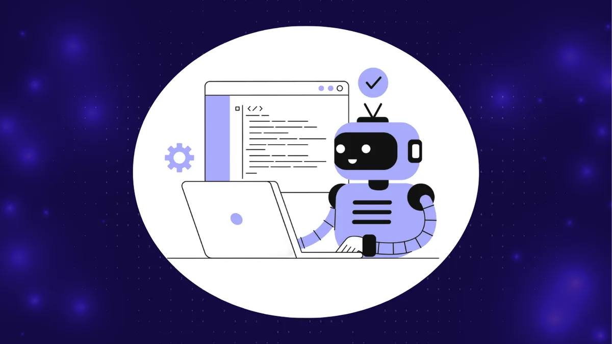 Agentic AI testing illustration: an autonomous QA agent running and verifying tests at a laptop