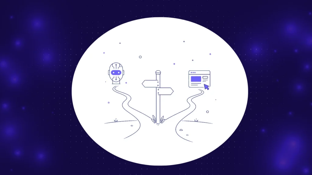 Signpost splitting into two paths, one toward an AI agent icon, one toward an app screen icon, representing agentic AI testing versus AI agent testing