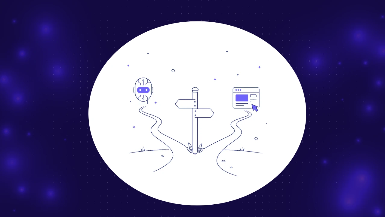 Signpost splitting into two paths, one toward an AI agent icon, one toward an app screen icon, representing agentic AI testing versus AI agent testing