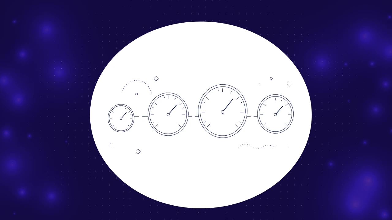 Four gauge dials of varying size in a row connected by a line, representing comparing evaluation tools