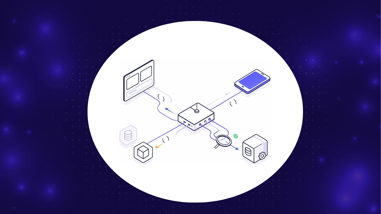 Isometric illustration of an API testing hub linking a browser, mobile app, service and database nodes via JSON request and response flows with a validation checkmark, on a navy brand background