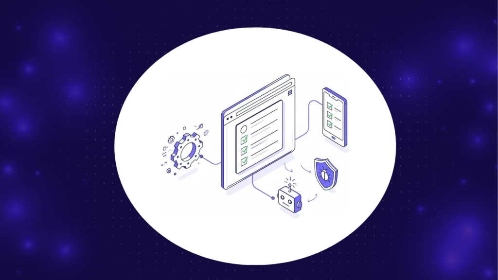 Isometric illustration of software test automation: a browser and phone running automated test checklists with green checks, linked to a CI/CD gear, a self-healing AI robot and a security shield, on a navy brand background