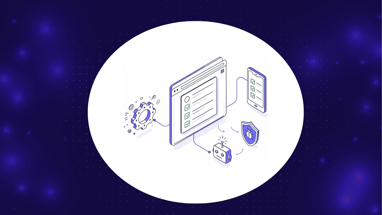 Isometric illustration of software test automation: a browser and phone running automated test checklists with green checks, linked to a CI/CD gear, a self-healing AI robot and a security shield, on a navy brand background