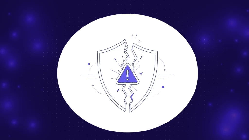 A cracked shield with a warning triangle at the fracture, representing the cost of AI agent failures
