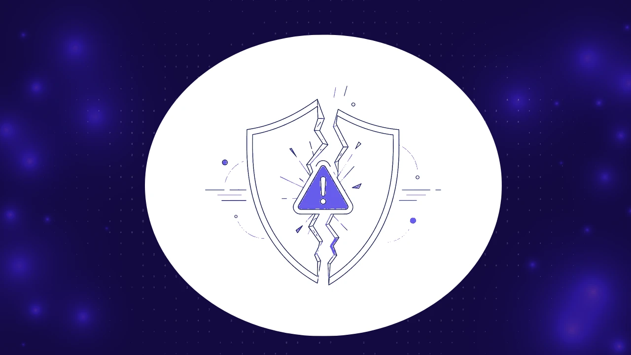 A cracked shield with a warning triangle at the fracture, representing the cost of AI agent failures