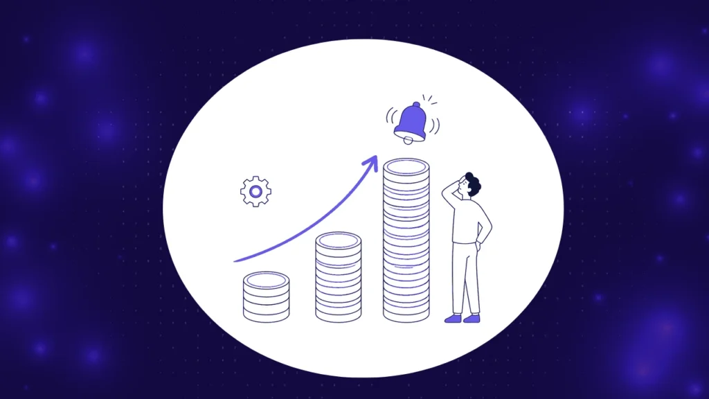 Cost of defects in software testing concept, coin stacks rising along an arrow with an alarm bell