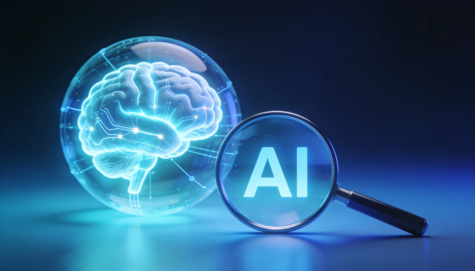 Explainable AI: a transparent brain inside a glass sphere inspected by a magnifying glass