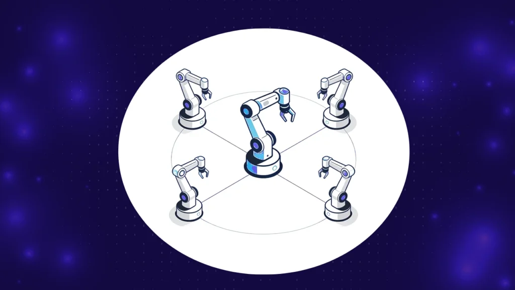 Central orchestrator robot arm connected to four worker robot arms in a hub and spoke pattern, representing multi-agent orchestration
