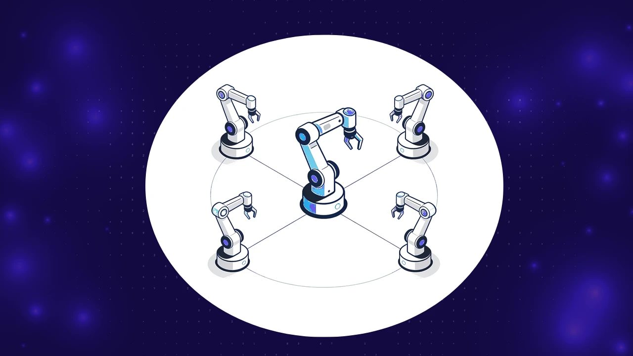 Central orchestrator robot arm connected to four worker robot arms in a hub and spoke pattern, representing multi-agent orchestration