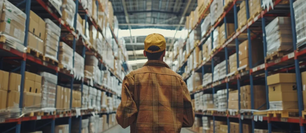 Logistics manager checking inventory and shipment tracking in a large distribution warehouse