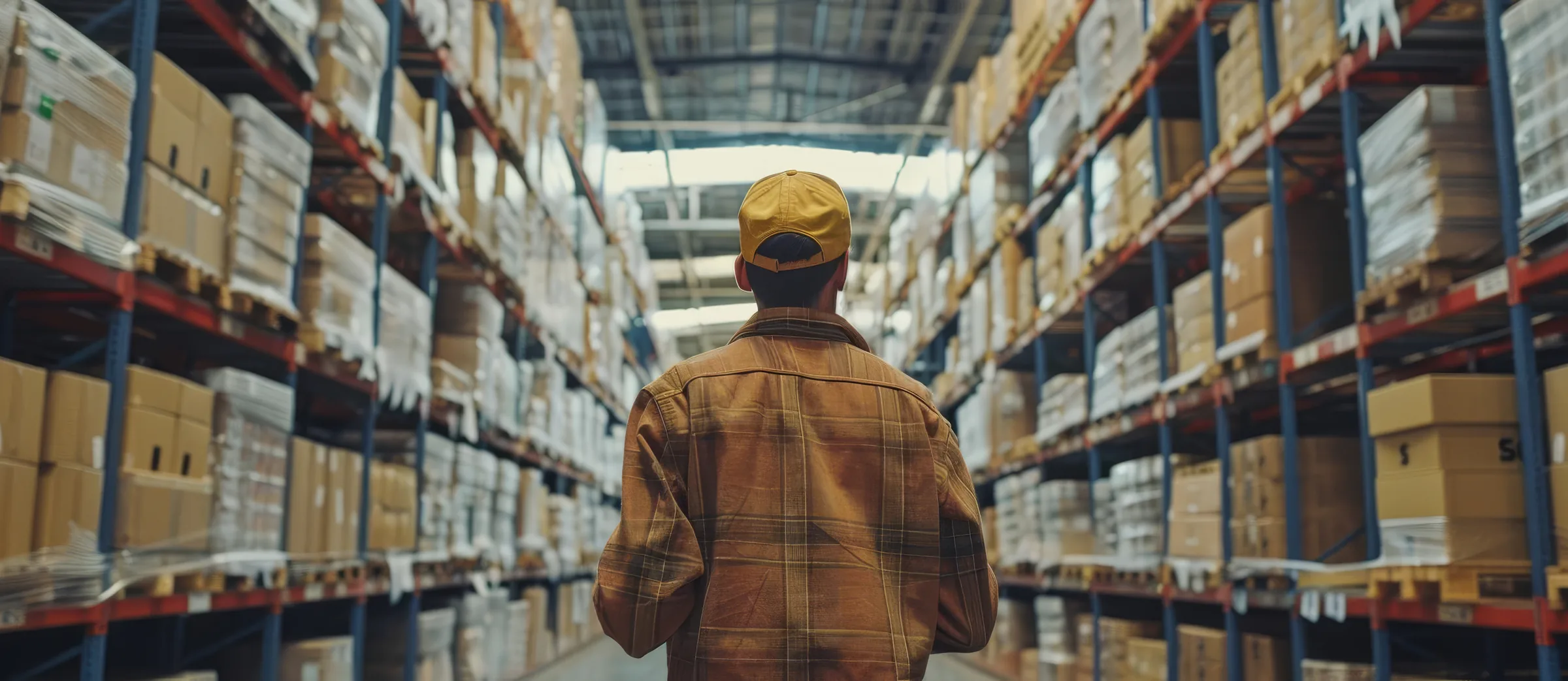Logistics manager checking inventory and shipment tracking in a large distribution warehouse