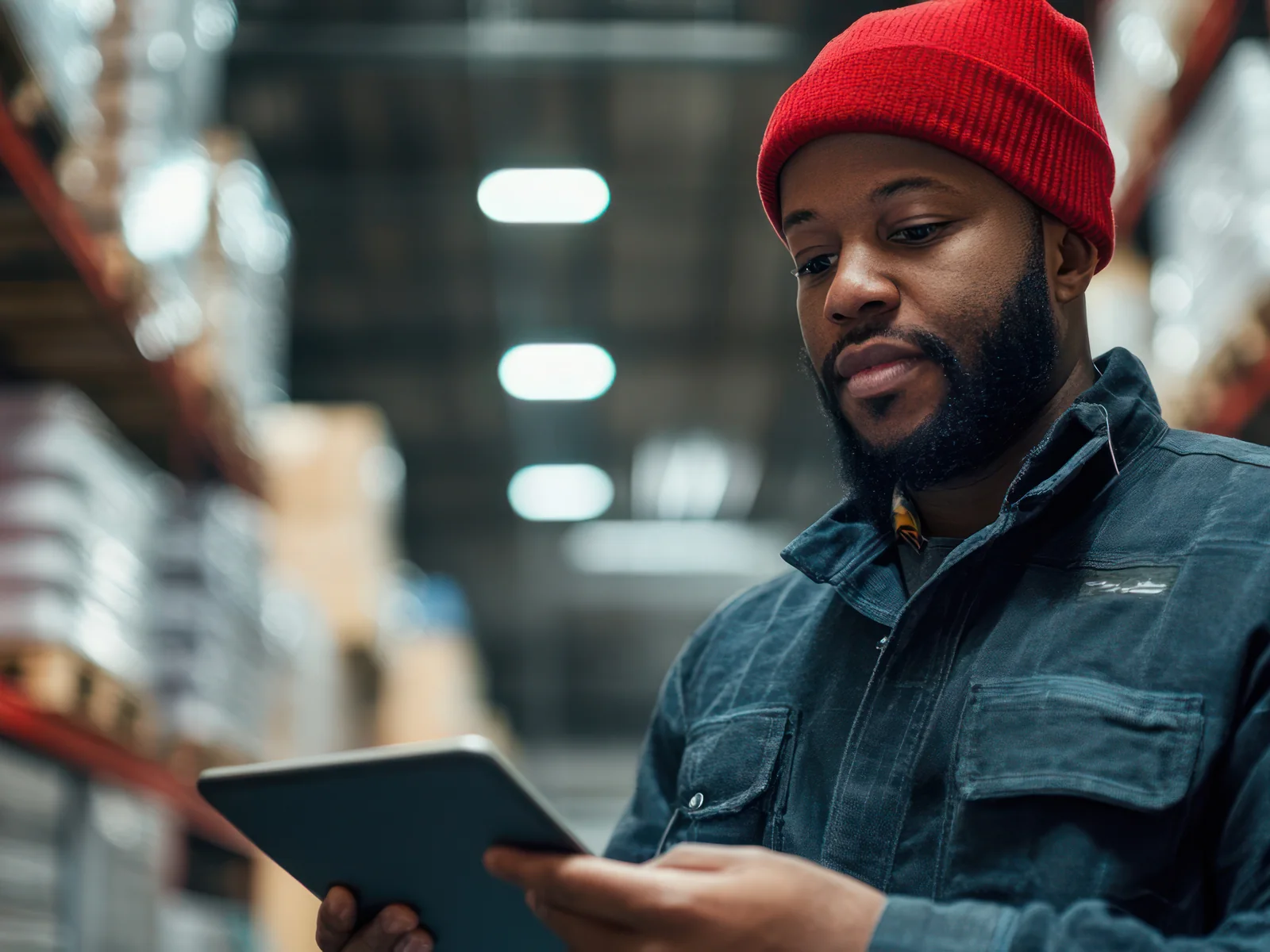 Warehouse operations worker checking inventory records on a tablet in a distribution centre