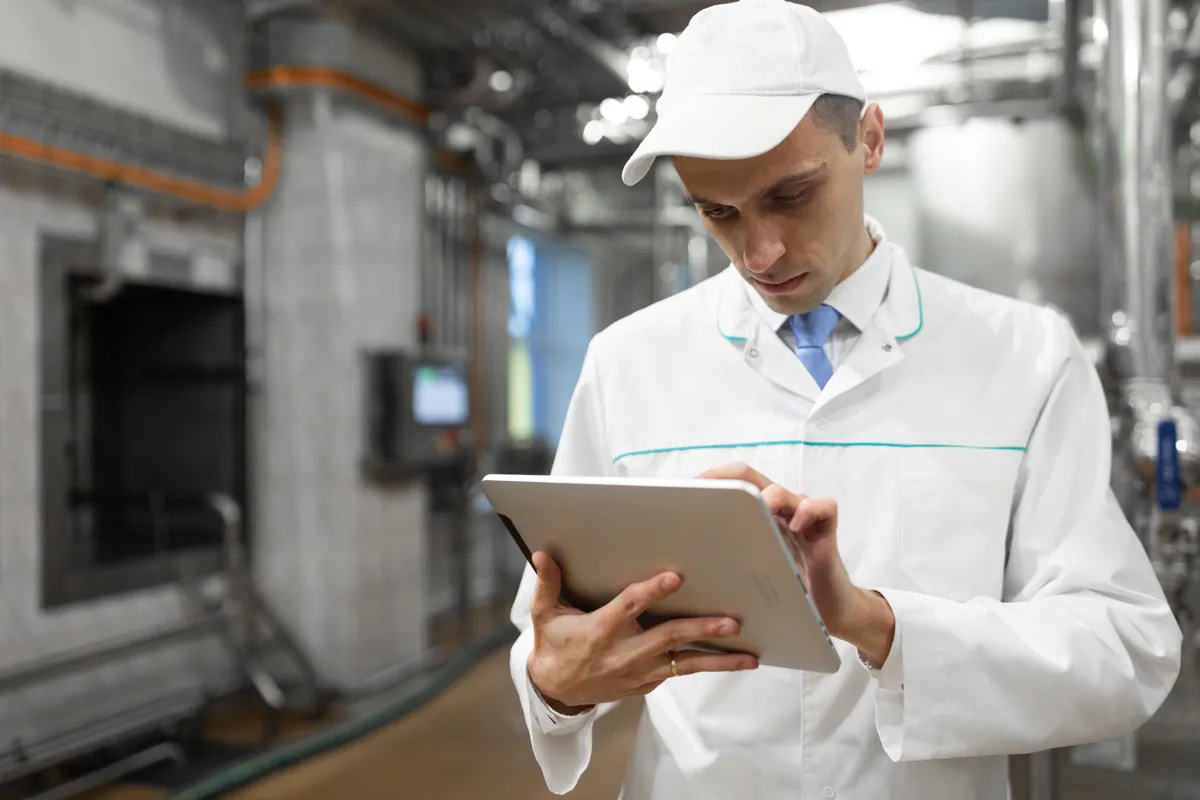 Manufacturing quality engineer reviewing production line data on a tablet