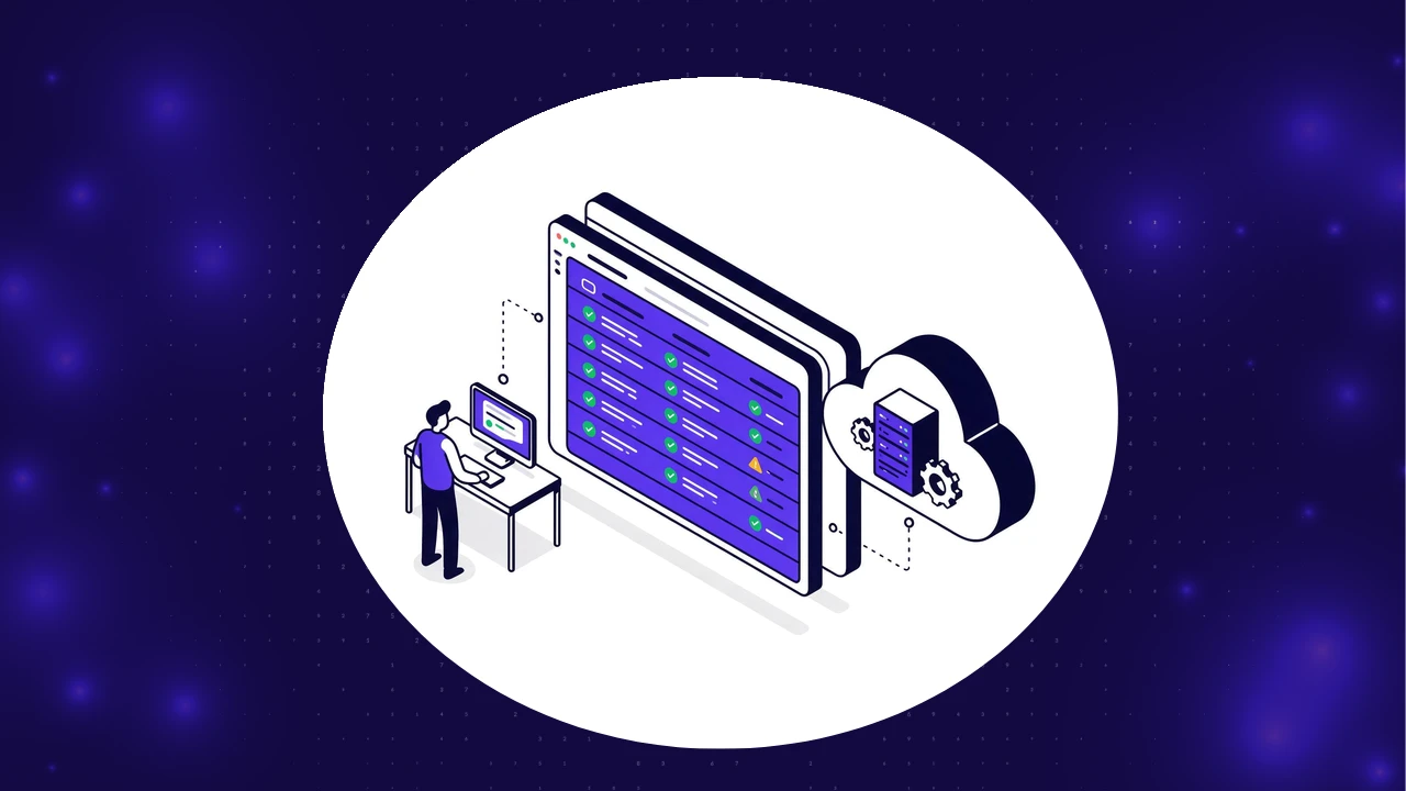 QA testing as a service: an in house tester at a desk connected to a test results dashboard and an external cloud testing service with a server rack