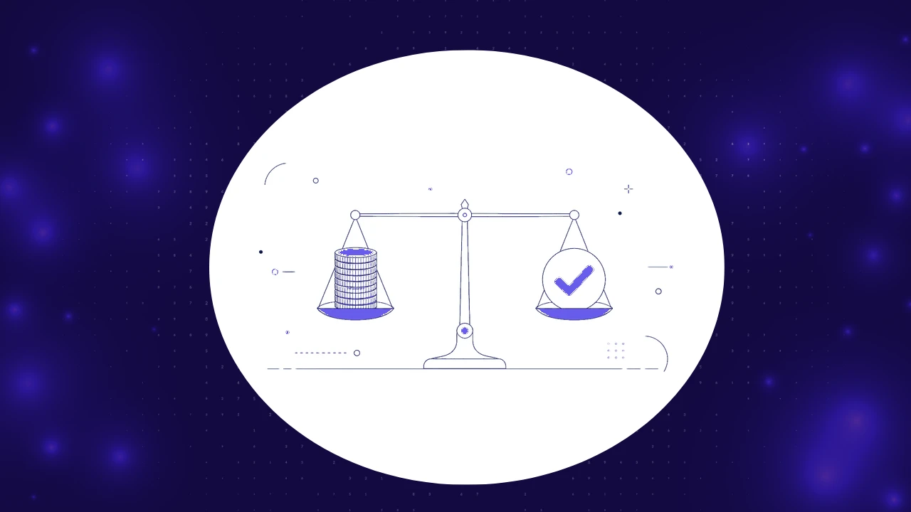 A balance scale weighing a stack of coins against a checkmark, representing the cost of AI agent evaluation