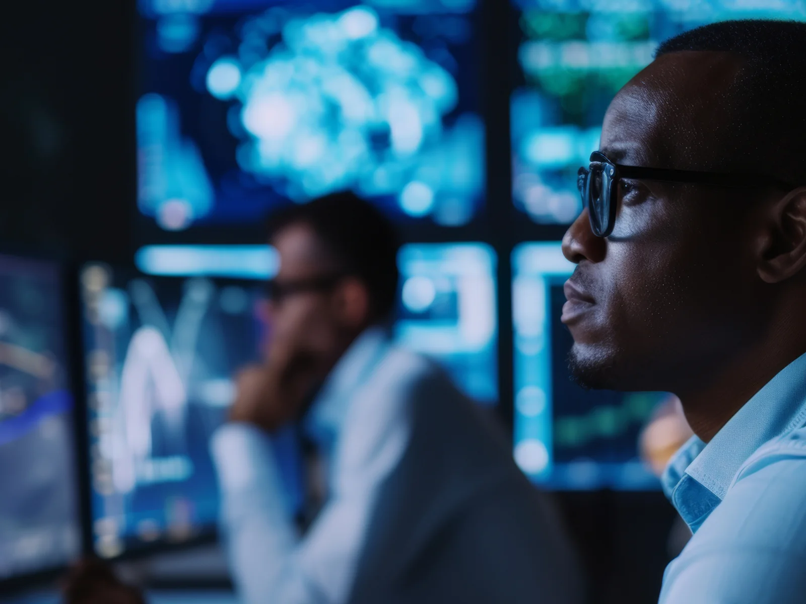 Two telecom engineers reviewing network and billing analytics in a network operations centre
