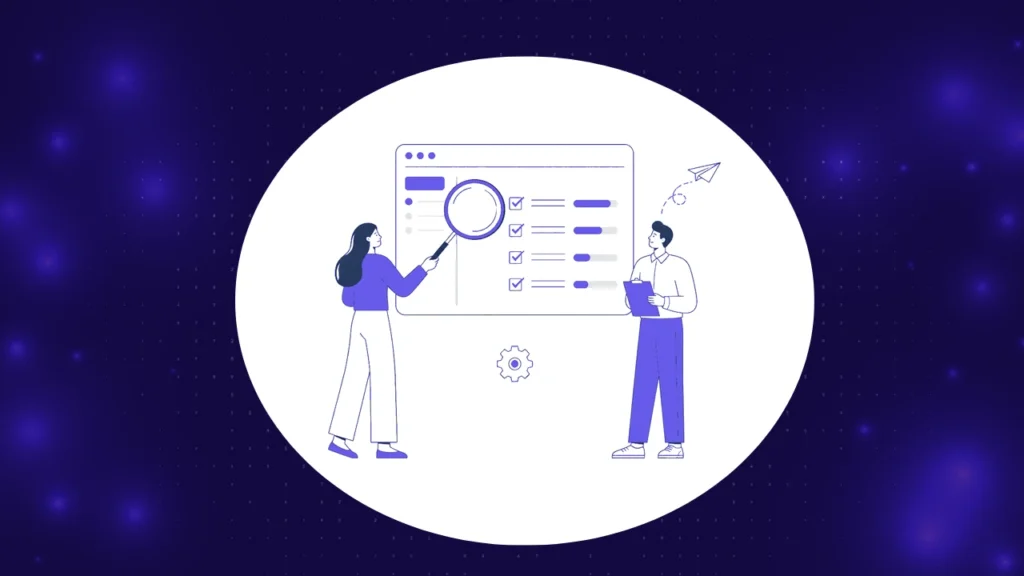 Test automation POC concept, QA team reviewing a checklist dashboard with a magnifying glass