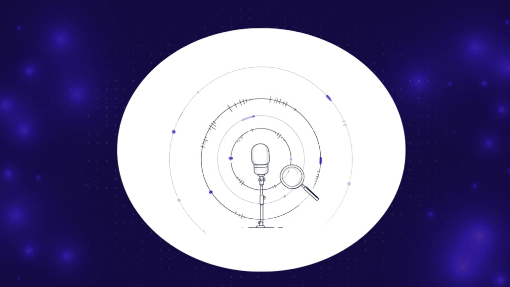 AI voice agent testing tools illustrated by a studio microphone inside concentric sound rings with a magnifying glass inspecting them
