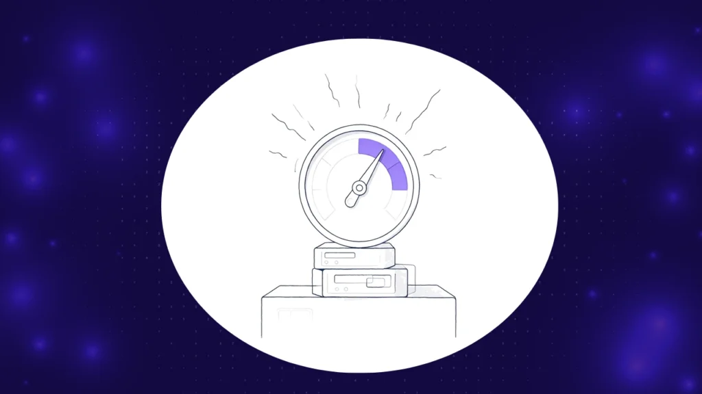 Automated load testing tools illustrated by a pressure gauge with the needle high, resting on a stack of server boxes