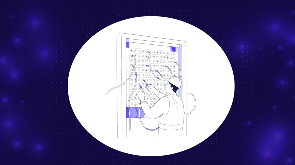 Engineer switching a cable between ports on a patch panel, illustrating teams moving from Postman to an alternative API testing tool