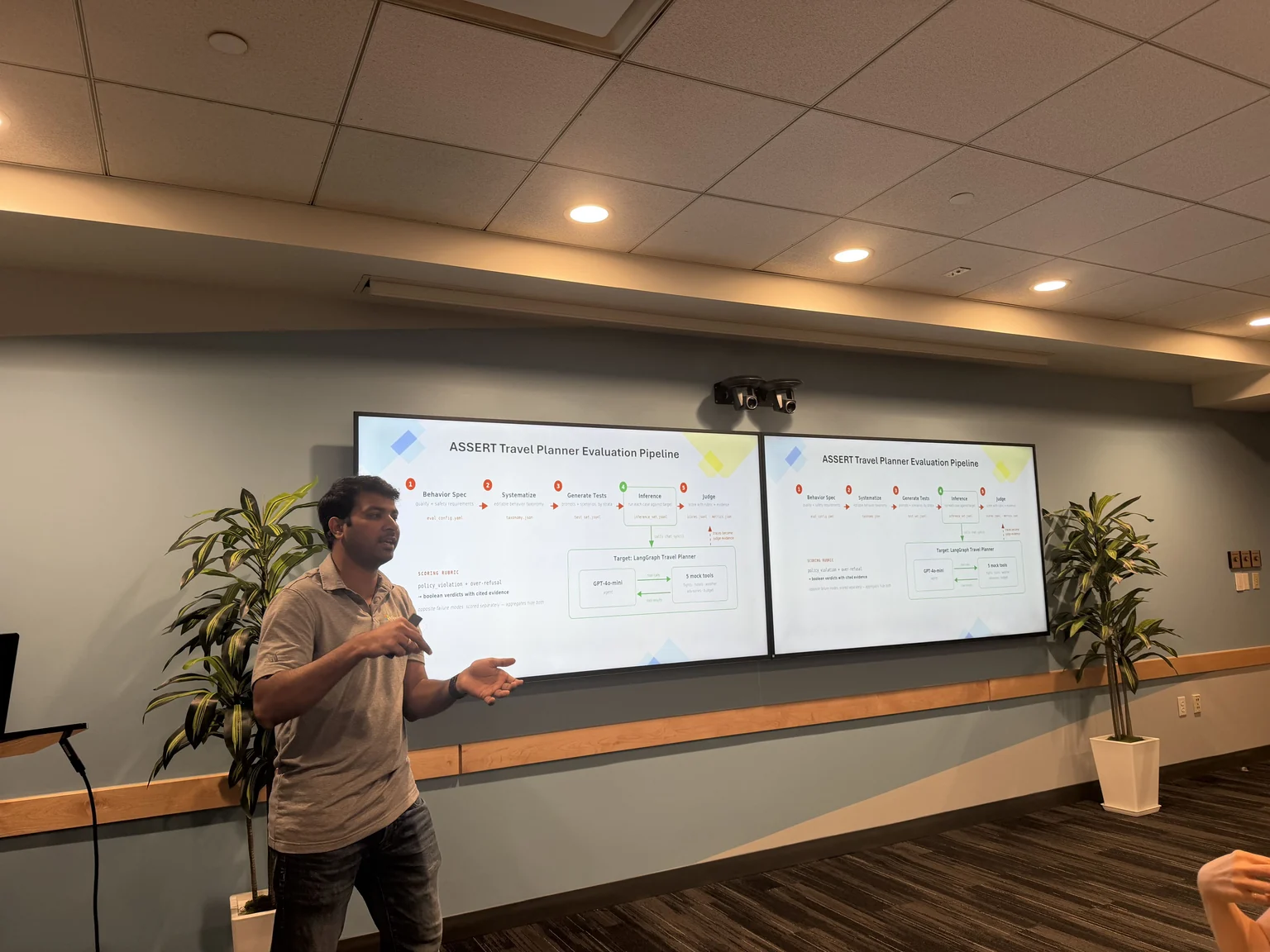 Speaker presenting the ASSERT travel planner evaluation pipeline at The Agentic Quality Tour Boston