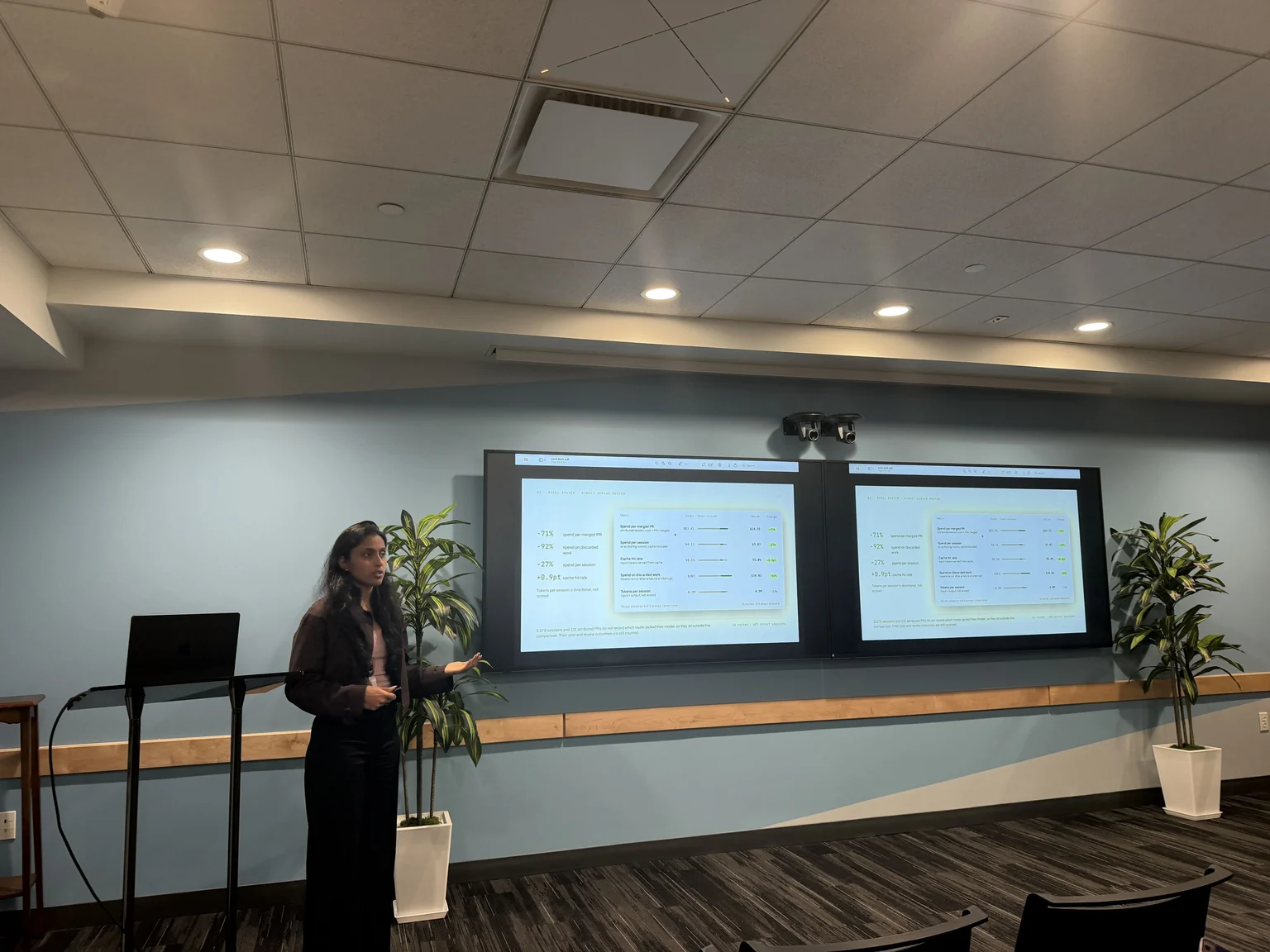 Speaker presenting AI model router cost analysis at The Agentic Quality Tour Boston