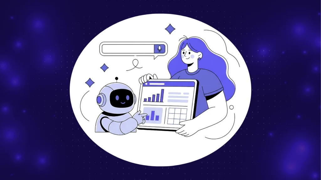 AI for QA illustration: an AI assistant and a QA engineer reviewing a software test results dashboard